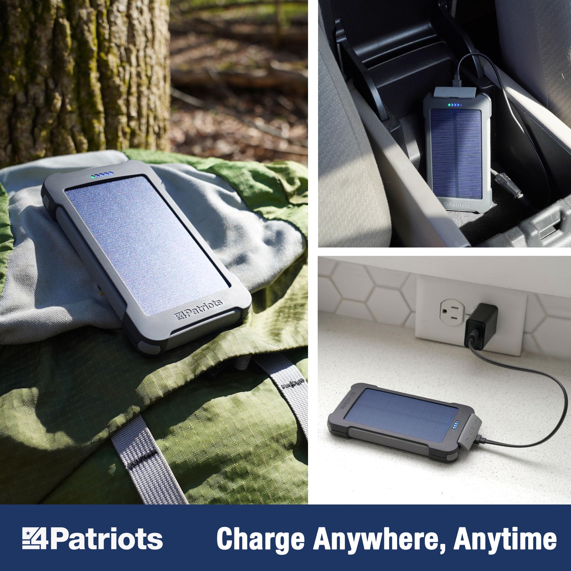 4Patriots Patriot Power Cell CX: Portable Solar Power Bank - Rechargeable External Battery with 3 USB Ports, 8,000 mAh Lithium Ion Battery, LED Flashlight, Great for Camping, Hiking or Emergencies