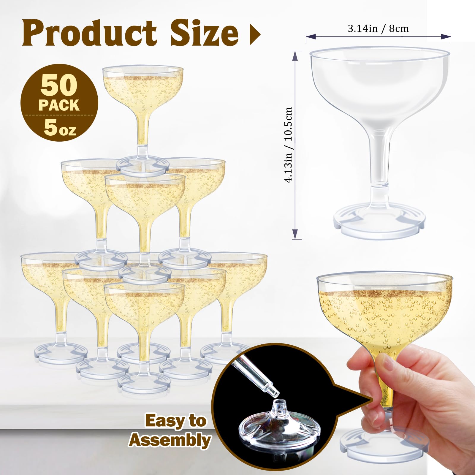 KYAPCK 50 Pcs Plastic Champagne Coupe Glasses for Parties, 5 oz Disposable Champagne Glasses Unbreakable Acrylic Martini Glasses (Clear)