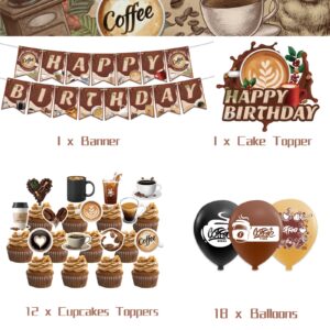 coffee birthday decorations coffee party supplies includes coffee happy birthday banner cake topper cupcake toppers balloons for coffee themed party decorations