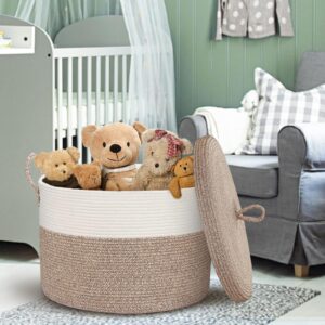 MEGASKET Large Basket with Lid, 20" x 20" x 15" Blanket Storage Basket for Living Room, Wicker Storage Basket with lid, Woven Cotton Rope Baskets for Storage, Big Throw Blankets Pillows Organizer Bins