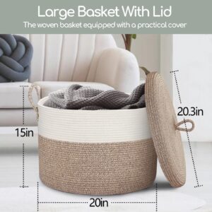 MEGASKET Large Basket with Lid, 20" x 20" x 15" Blanket Storage Basket for Living Room, Wicker Storage Basket with lid, Woven Cotton Rope Baskets for Storage, Big Throw Blankets Pillows Organizer Bins