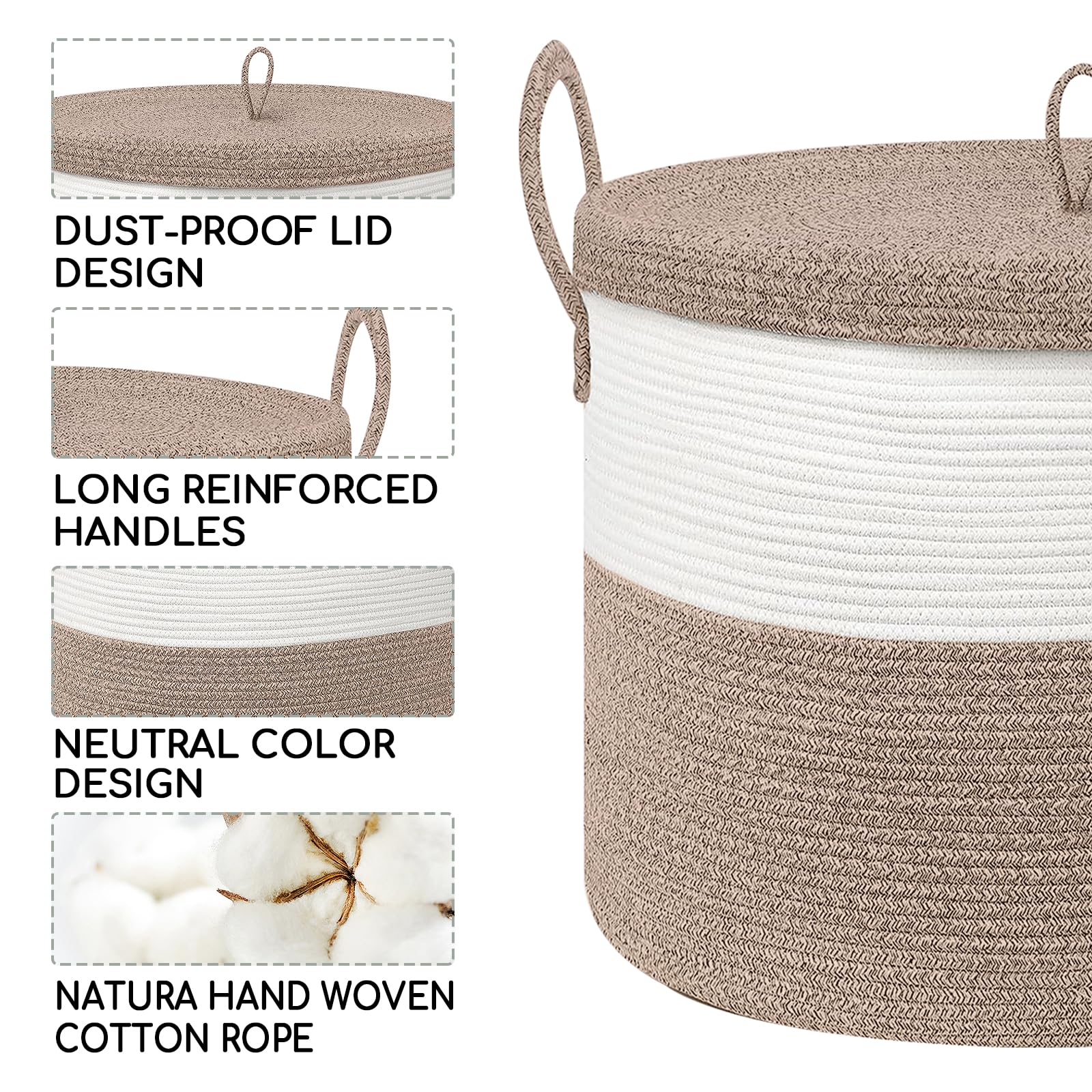 MEGASKET Large Basket with Lid, 20" x 20" x 15" Blanket Storage Basket for Living Room, Wicker Storage Basket with lid, Woven Cotton Rope Baskets for Storage, Big Throw Blankets Pillows Organizer Bins