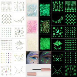 noctilucent face gems, 12pcs luminous face jewels rhinestones stickers and 15g chunky glitter glow in the dark for face eye glow make up festival dress-up face jewelry rave accessories party supplies