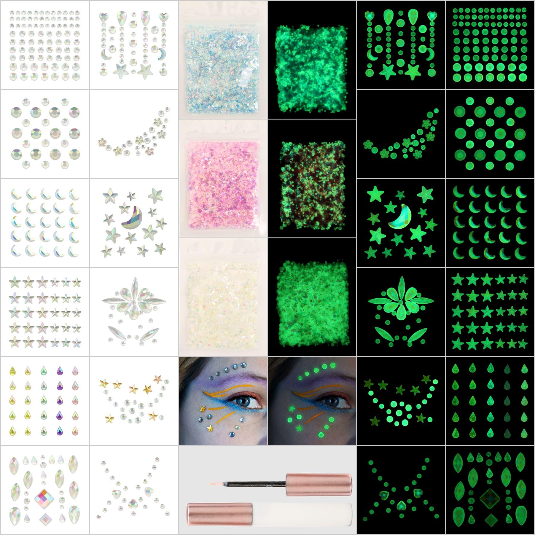 Noctilucent Face Gems, 12Pcs Luminous Face Jewels Rhinestones Stickers and 15g Chunky Glitter Glow In The Dark for Face Eye Glow Make up Festival Dress-up Face Jewelry Rave Accessories Party Supplies