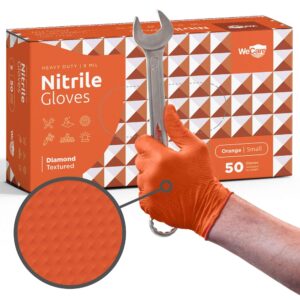 wecare orange 8 mil nitrile gloves large 50 pack - heavy duty mechanic gloves, with diamond grip - powder and latex free disposable gloves