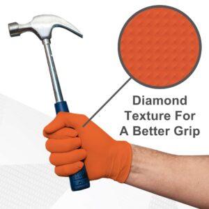 WECARE Orange 8 Mil Nitrile Gloves Large 50 Pack - Heavy Duty Mechanic Gloves, with Diamond Grip - Powder and Latex Free Disposable Gloves