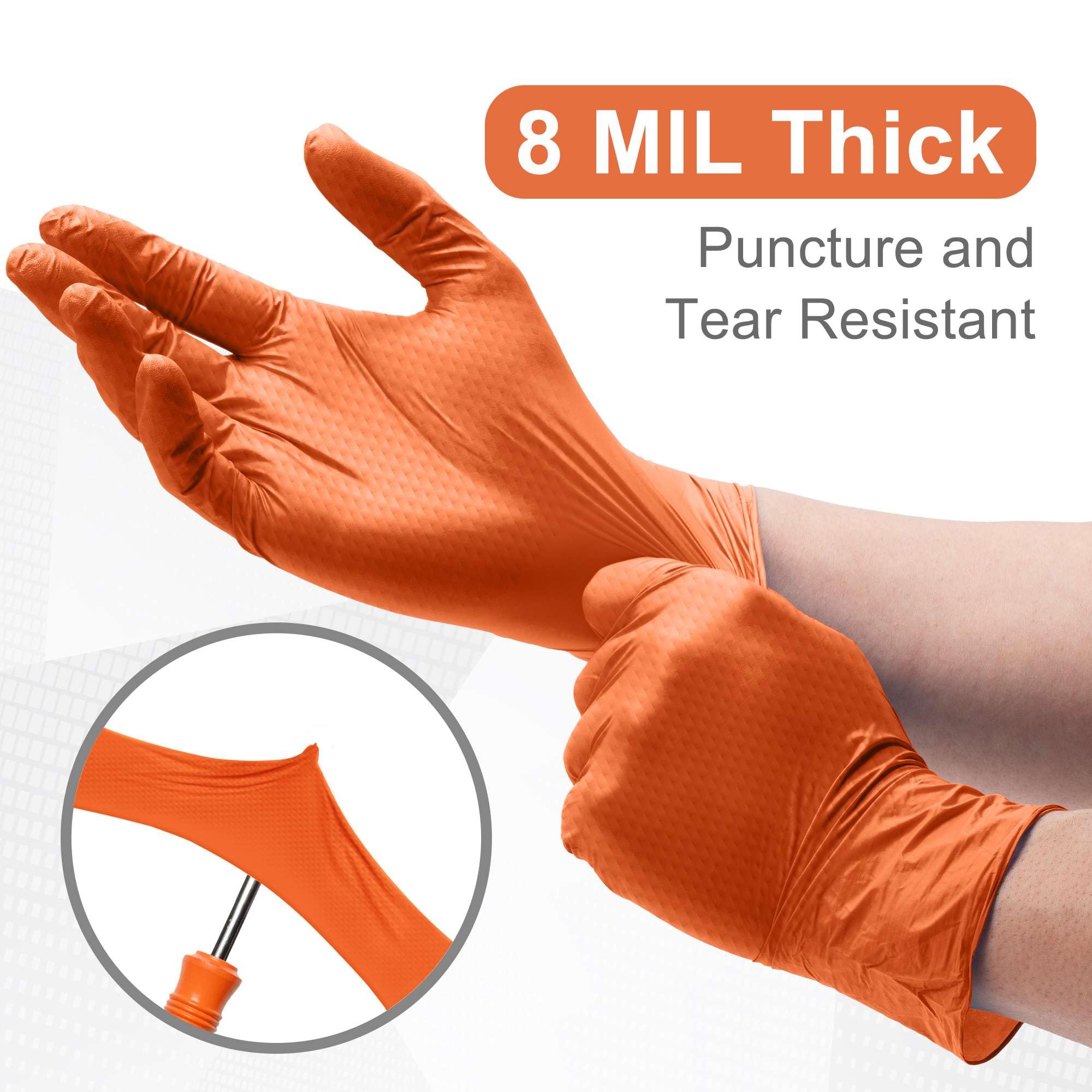 WECARE Orange 8 Mil Nitrile Gloves Large 50 Pack - Heavy Duty Mechanic Gloves, with Diamond Grip - Powder and Latex Free Disposable Gloves