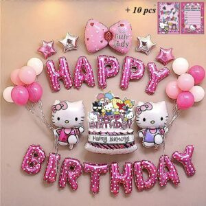 vnsport 24 pc hello, kitty happy birthday banner – fun set party supplies decoration – colorful party deco for girls and toddlers - gift 10 pc kitty cat invitation birthday cards