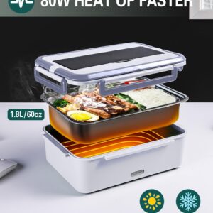 FanFanOK Electric Lunch Box 80W Heated Lunch Boxes for Adults Work/Car/Truck/Home, 1.8L Portable Food Warmer Heating Lunchbox with Insulated Lunch Cooler Bag 12V 24V 110V