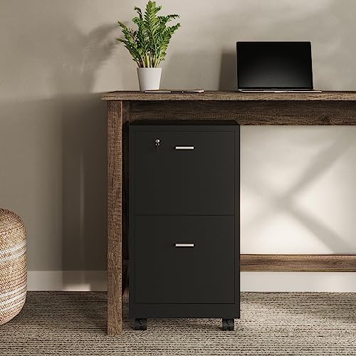 Lavish Home File Cabinet - 2-Drawer Cabinet with Lock and Deep Drawer Storage - Rolling Filing Cabinet for Under The Desk, Home, or Office (Black)