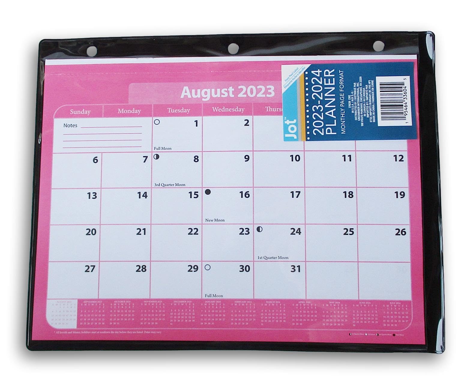 2023-2024 Monthly School Year Calendar Planner in Protective Sleeve for 3-Ring Binder (Pink)