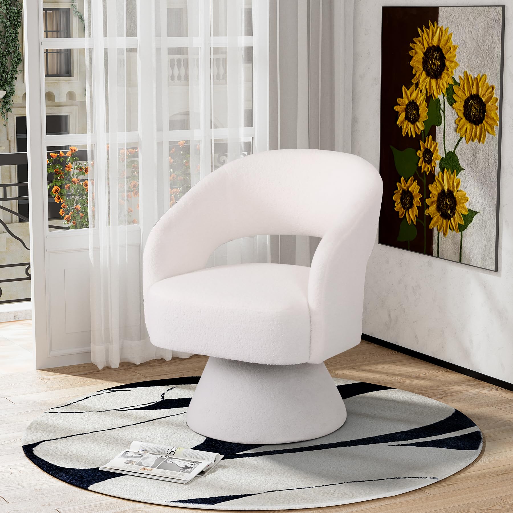 DAMAIFROM Swivel Accent Chairs Set of 2, 360 Degree Swivel Barrel Chairs, Upholstered Modern Armchairs, Swivel Chairs for Living Room, Bedroom, Office (White, Teddy)