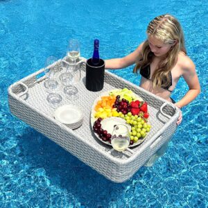 sunjoy wicker floating tray 36x24 in. aluminum frame pool tray - swimming floating serving tray for drinks, snacks, and essentials - fits most pool sizes - perfect for pool parties and relaxing, grey