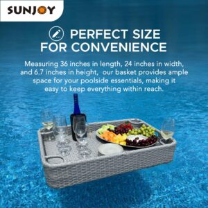 Sunjoy Wicker Floating Tray 36x24 in. Aluminum Frame Pool Tray - Swimming Floating Serving Tray for Drinks, Snacks, and Essentials - Fits Most Pool Sizes - Perfect for Pool Parties and Relaxing, Grey