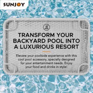 Sunjoy Wicker Floating Tray 36x24 in. Aluminum Frame Pool Tray - Swimming Floating Serving Tray for Drinks, Snacks, and Essentials - Fits Most Pool Sizes - Perfect for Pool Parties and Relaxing, Grey