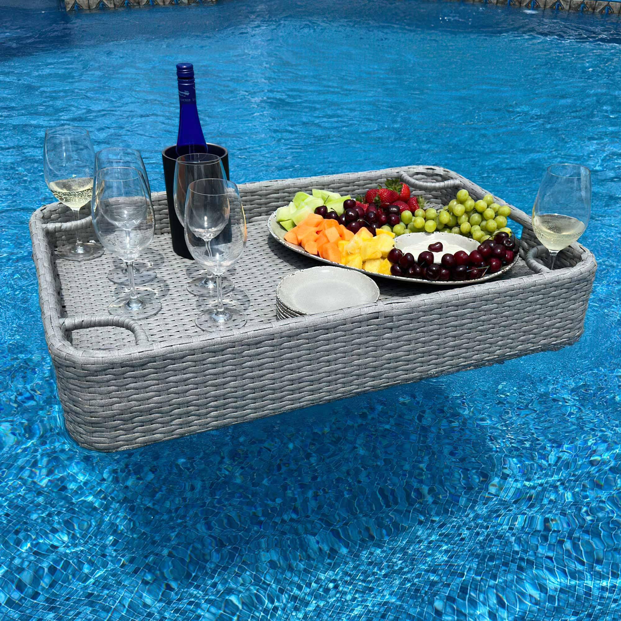 Sunjoy Wicker Floating Tray 36x24 in. Aluminum Frame Pool Tray - Swimming Floating Serving Tray for Drinks, Snacks, and Essentials - Fits Most Pool Sizes - Perfect for Pool Parties and Relaxing, Grey