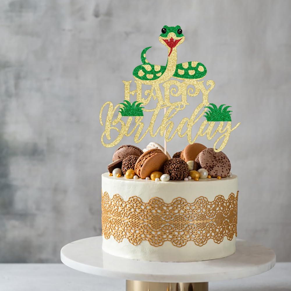 Kaoenla Glitter Snake Happy Birthday Cake Topper- snake theme happy birthday cake decoration animal theme birthday supplies decoration、Baby Party 、Boy and Girl Happy Birthday Party supplies decoratio