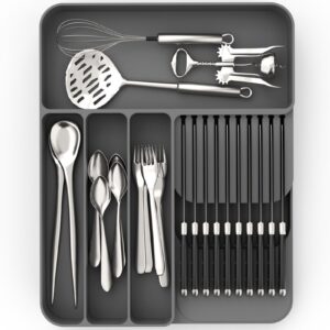 outxe silicone silverware drawer organizer, non-slip utensil organizer for kitchen drawers, cutlery tray with extra knife block, 4 compartments flatware organizer for spoon and fork, grey