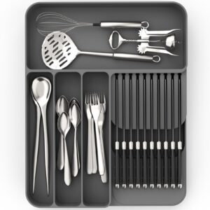 OUTXE Silicone Silverware Drawer Organizer, Non-Slip Utensil Organizer for Kitchen Drawers, Cutlery Tray with Extra Knife Block, 4 Compartments Flatware Organizer for Spoon and Fork, Grey