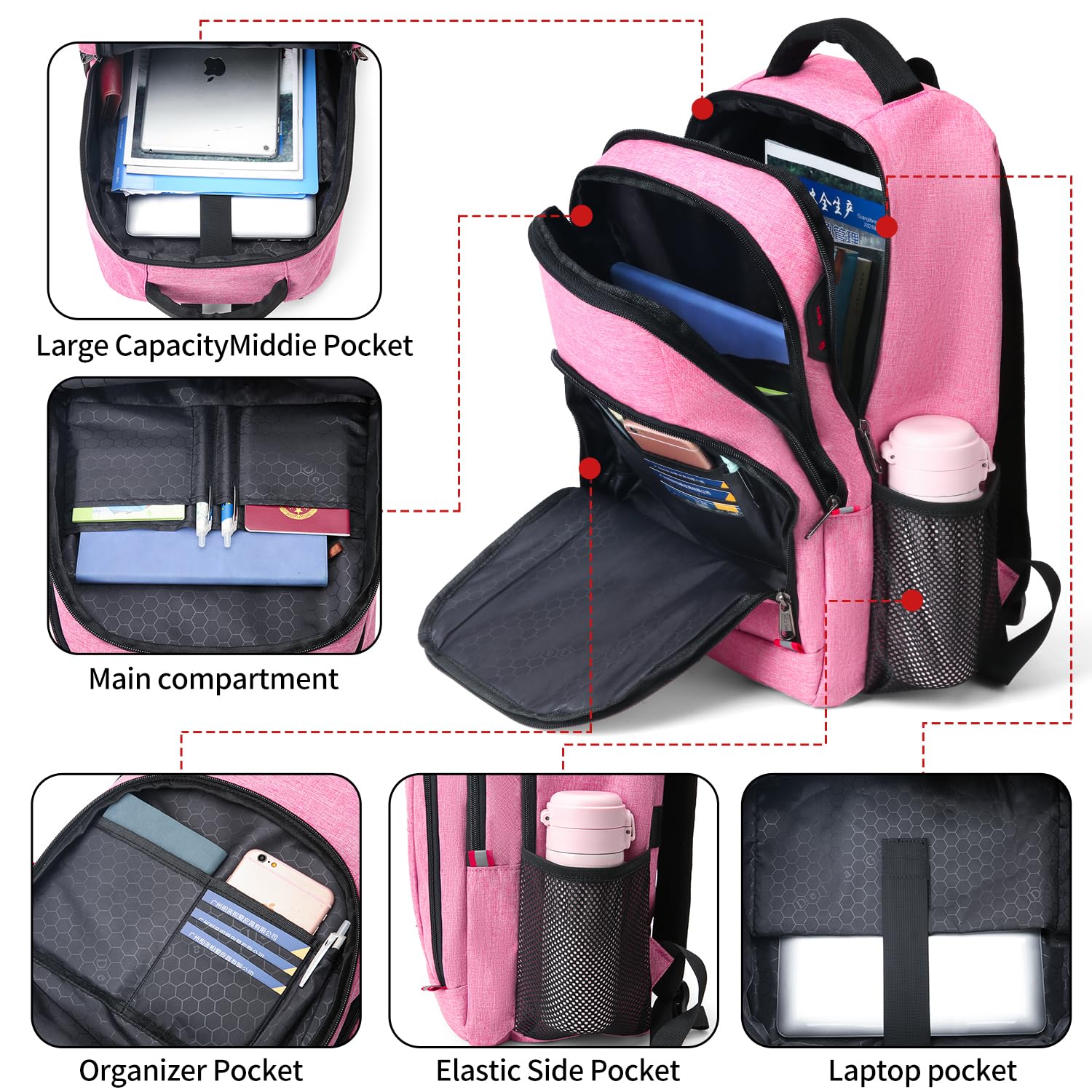 Della Gao Travel Laptop Backpack, Water Resistant Work Backpack with Laptop Compartment, Airline Approved Business Backpack Fit 15.6 Inch Laptops for Women, Pink