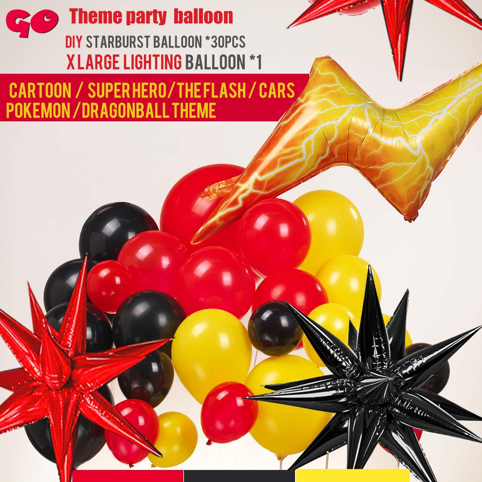 Red black yellow balloon garland kit 124pcs with large lightining Starburst mylar balloons for Carnival Cartoon theme Race Car Party Theme birthday decorations