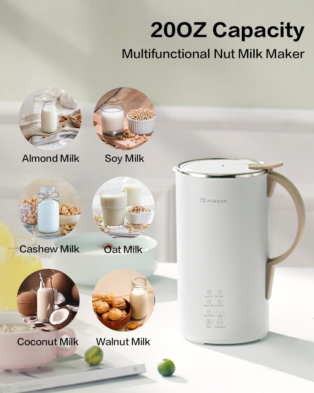 OK MOKKOM Automatic Nut Milk Maker 20 oz Soy Milk Maker, Homemade Almond, Oat, Coconut, Soy, or Plant-Based Milk Dairy Free Beverages, Almond Milk Maker with Delay Start/Boild Water/Self Clean - White