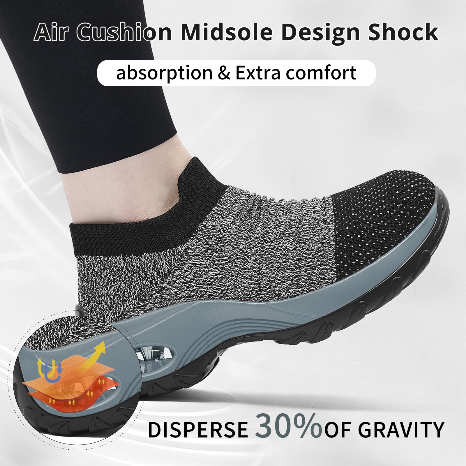 Akk Women Walking Shoes Slip on Sock Sneakers Non-Slip Mesh Sneakers for Women Light Weight Air Cushion Running Work Shoes Grey,11