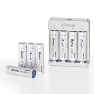 bonai rechargeable lithium aa batteries with charger, 3000mwh 1.5v aa batteries for blink camera 8 count with 2h fast charge- white