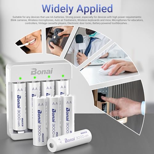 BONAI Rechargeable Lithium AA Batteries with Charger, 3000mWh 1.5V AA Batteries for Blink Camera 8 Count with 2H Fast Charge- White