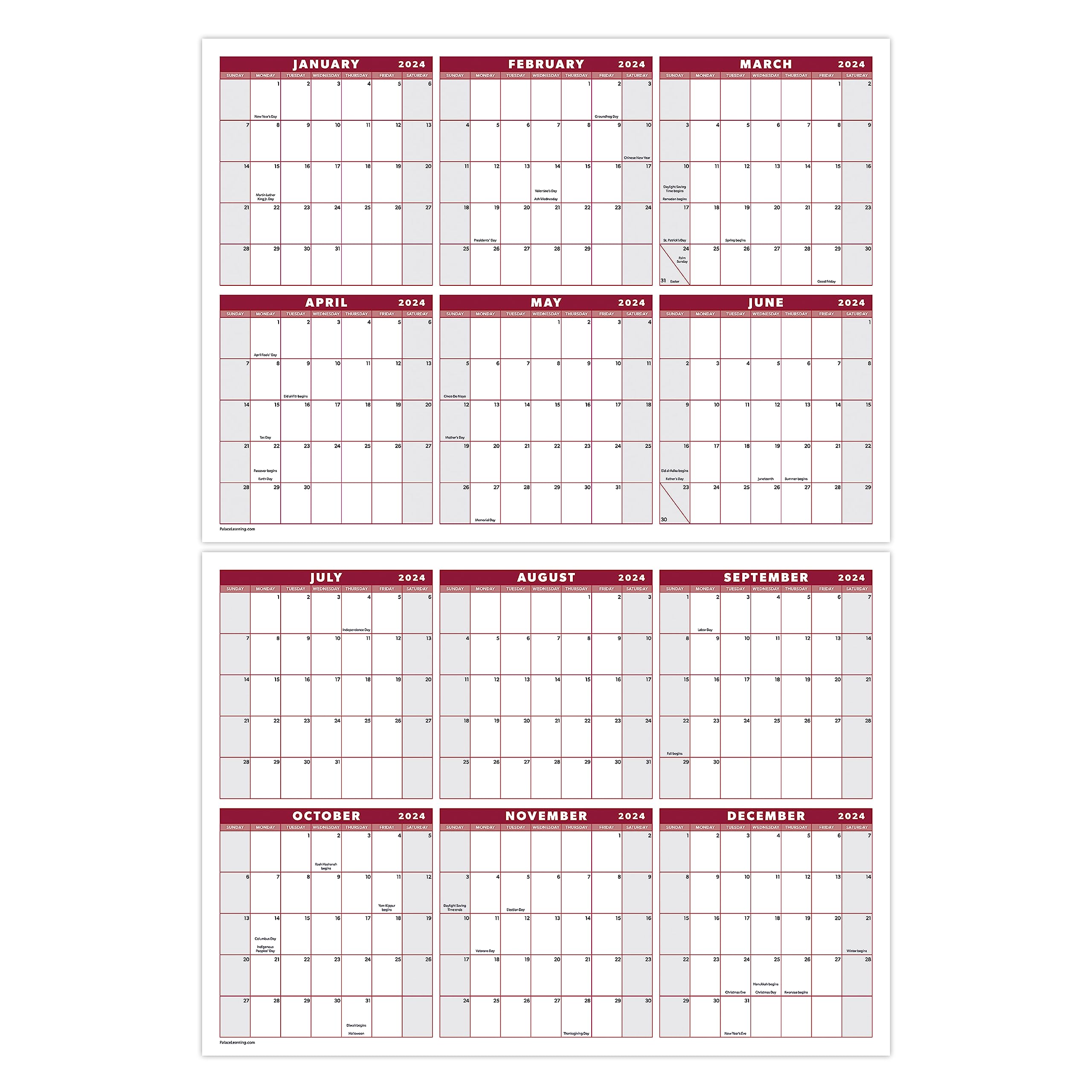 Large 24" x 36" 2024 Dry Erase Wall Calendar - Wet & Dry Erasable 12 Month Annual Yearly Wall Planner - Horizontal/Vertical, Reversible (Red, Laminated, 2024) - Two Piece Design