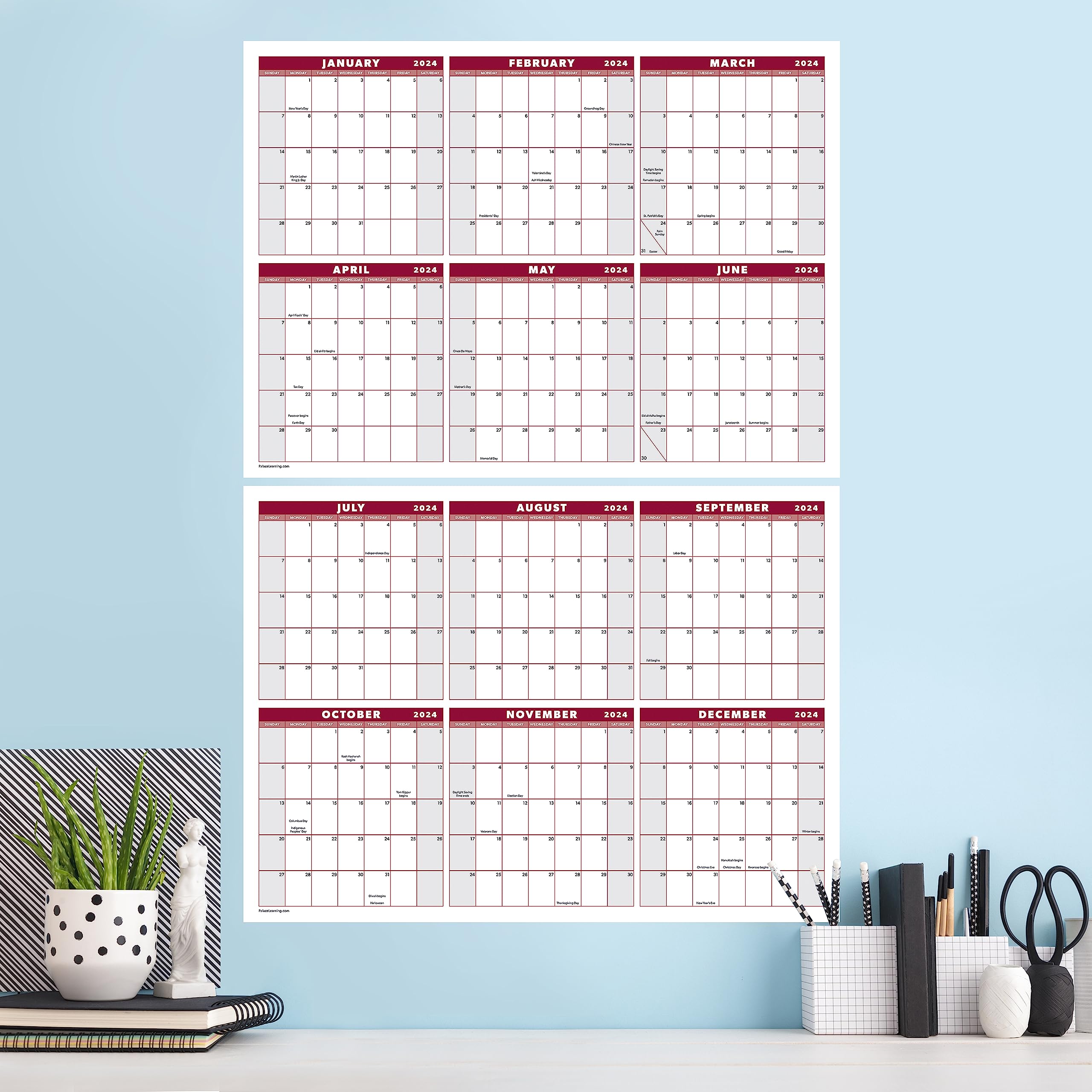 Large 24" x 36" 2024 Dry Erase Wall Calendar - Wet & Dry Erasable 12 Month Annual Yearly Wall Planner - Horizontal/Vertical, Reversible (Red, Laminated, 2024) - Two Piece Design