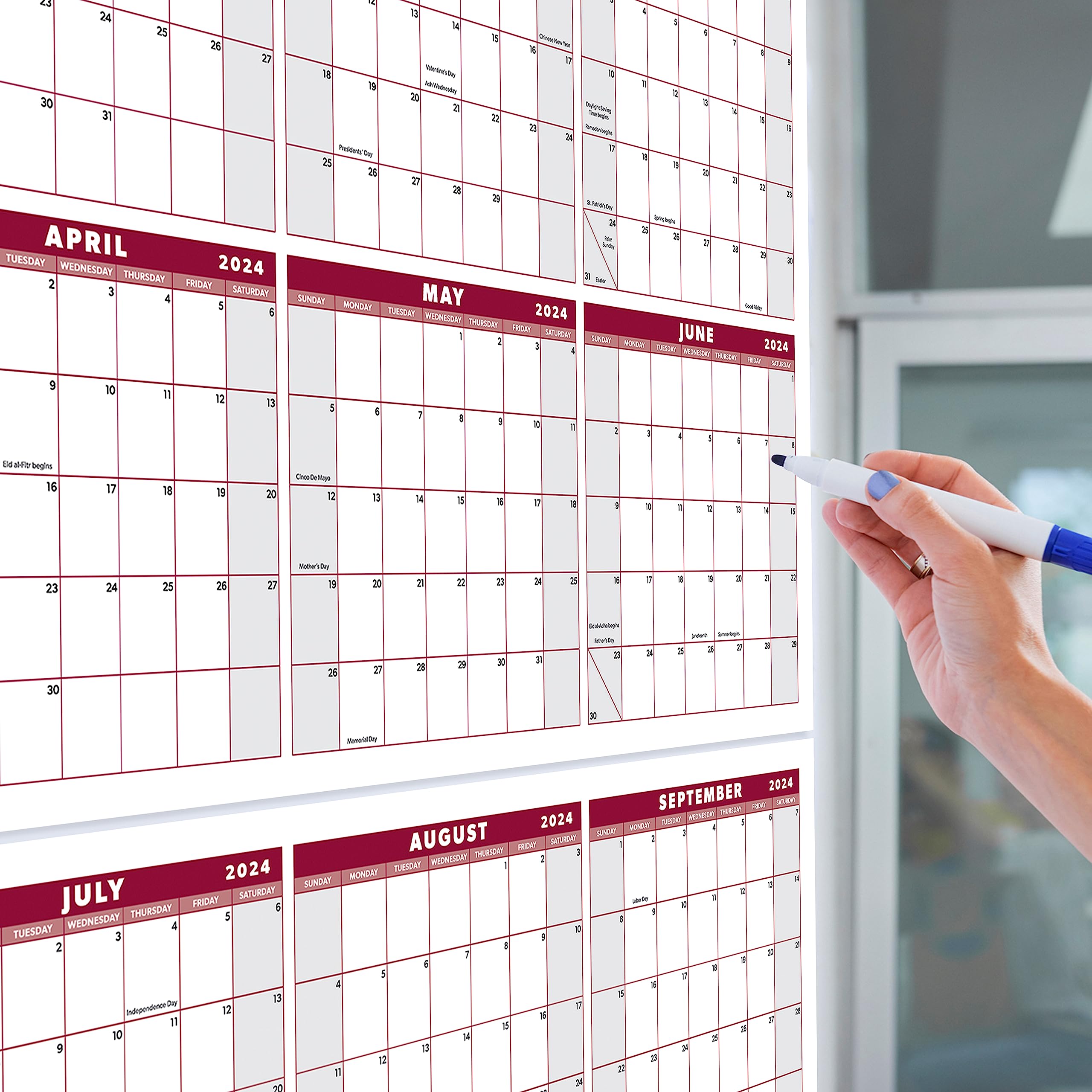 Large 24" x 36" 2024 Dry Erase Wall Calendar - Wet & Dry Erasable 12 Month Annual Yearly Wall Planner - Horizontal/Vertical, Reversible (Red, Laminated, 2024) - Two Piece Design