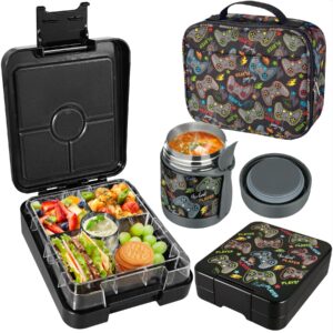 pawtong bento lunch box set with 10oz soup thermo, leak-proof lunch containers with 4 compartment, kids hot thermo food jar/insulation lunch bag, food containers for school (black-games)