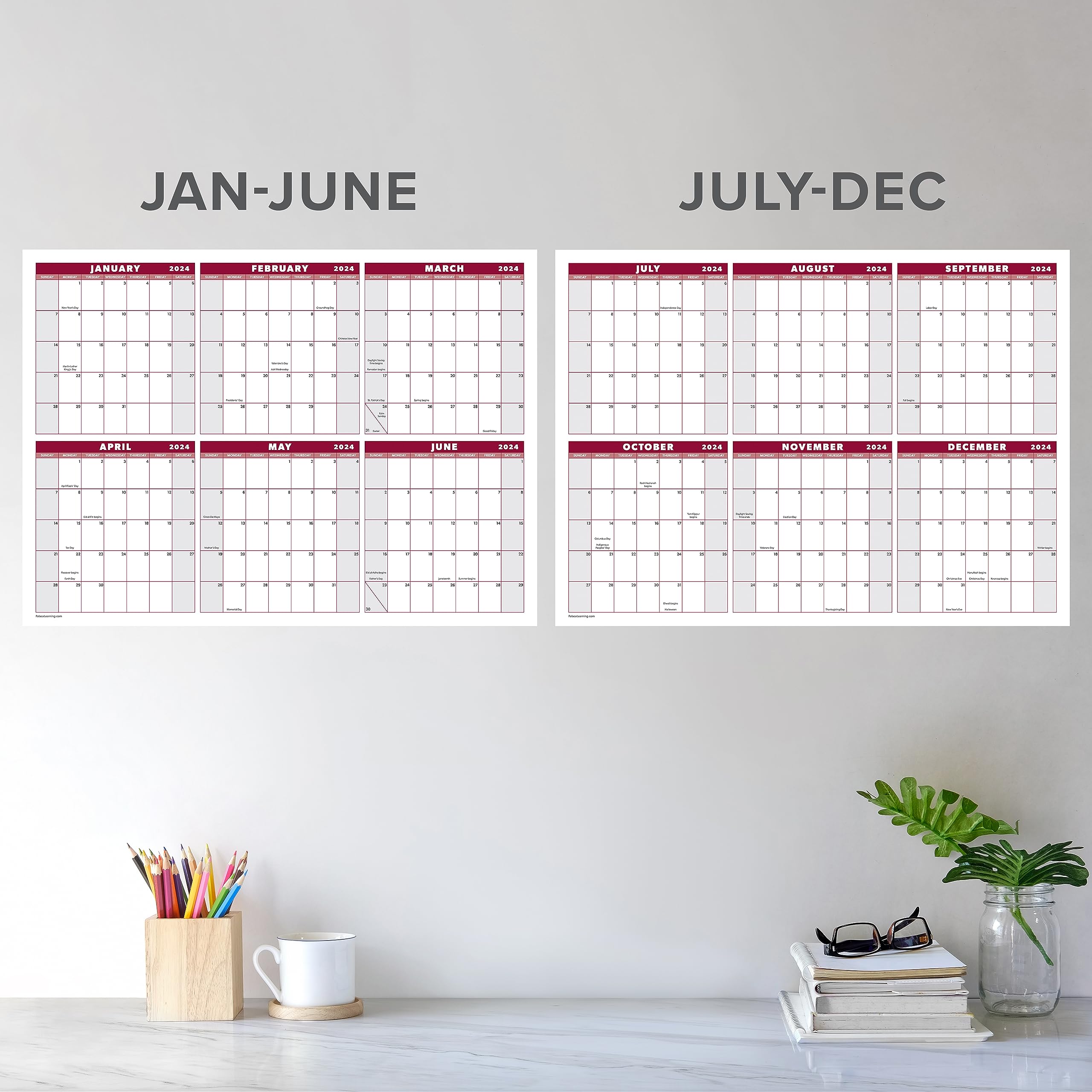 Large 24" x 36" 2024 Dry Erase Wall Calendar - Wet & Dry Erasable 12 Month Annual Yearly Wall Planner - Horizontal/Vertical, Reversible (Red, Laminated, 2024) - Two Piece Design