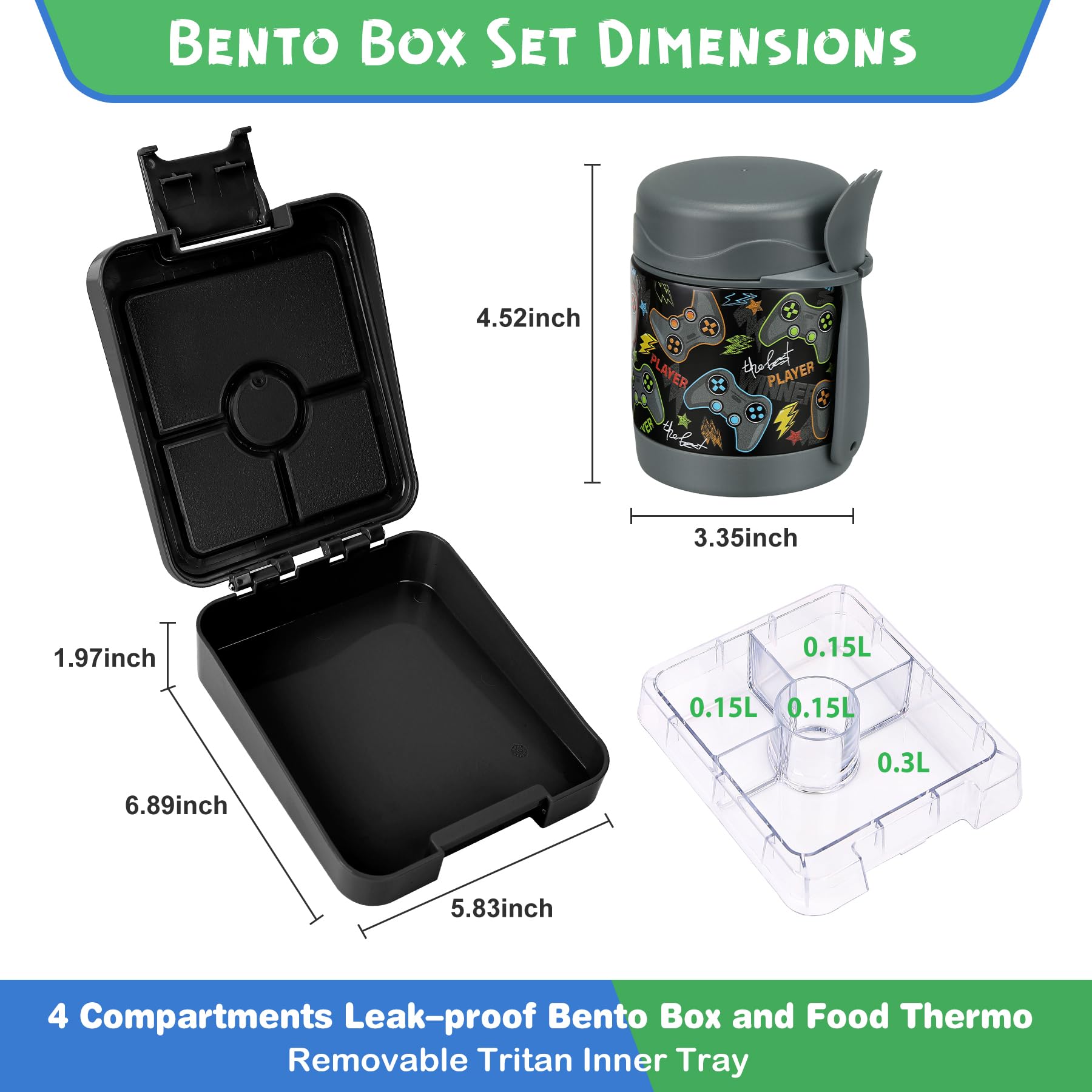 Pawtong Bento Lunch Box Set With 10oz Soup Thermo, Leak-proof Lunch Containers with 4 Compartment, Kids Hot Thermo Food Jar/Insulation Lunch Bag, Food Containers for School (Black-Games)