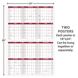 Large 24" x 36" 2024 Dry Erase Wall Calendar - Wet & Dry Erasable 12 Month Annual Yearly Wall Planner - Horizontal/Vertical, Reversible (Red, Laminated, 2024) - Two Piece Design