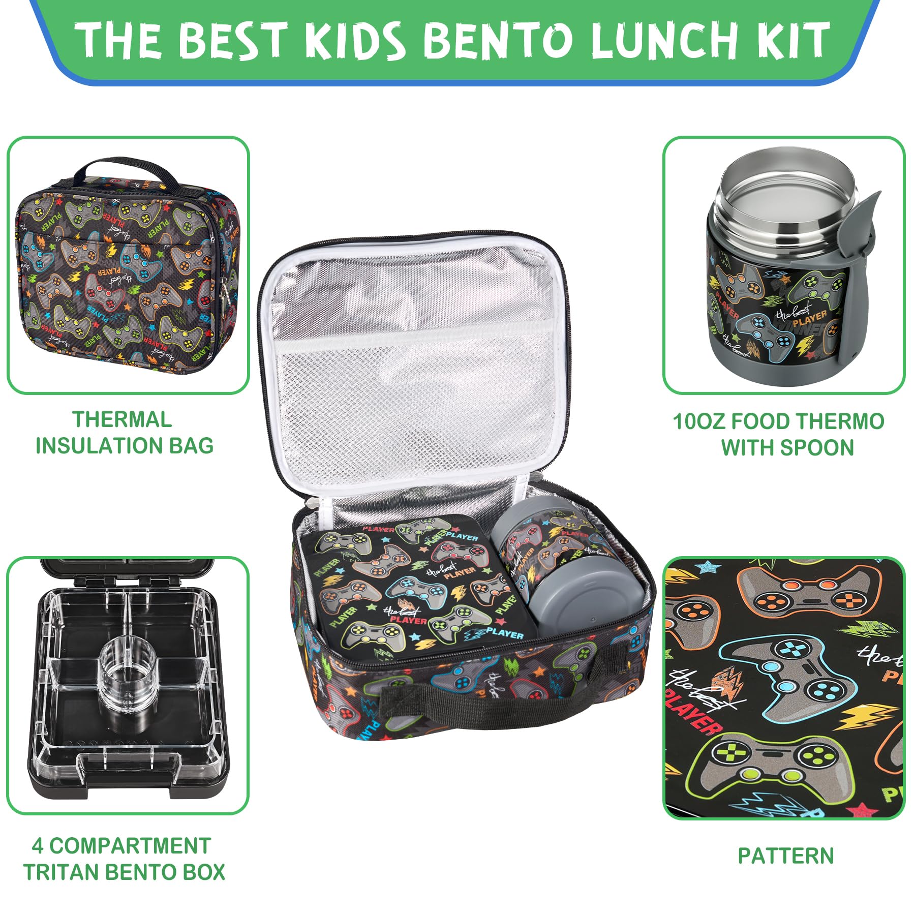 Pawtong Bento Lunch Box Set With 10oz Soup Thermo, Leak-proof Lunch Containers with 4 Compartment, Kids Hot Thermo Food Jar/Insulation Lunch Bag, Food Containers for School (Black-Games)