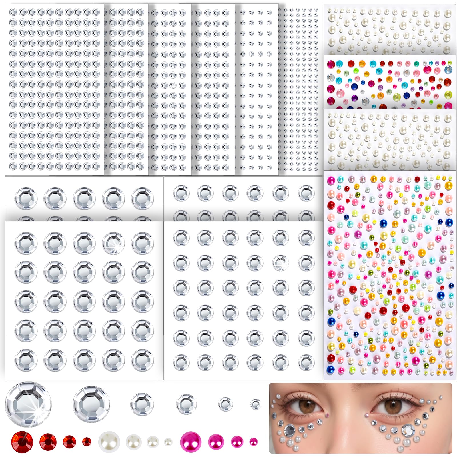 FANDAMEI 2672 PCS Face Gems, Self Adhesive Hair Gems Face Rhinestones Stickers, Face Jewels for Women, 3/4/5/6/8/10 mm Eye Gems Stickers, Hair Pearl Stickers, Rhinestones for Makeup, Face, Hair, Nail