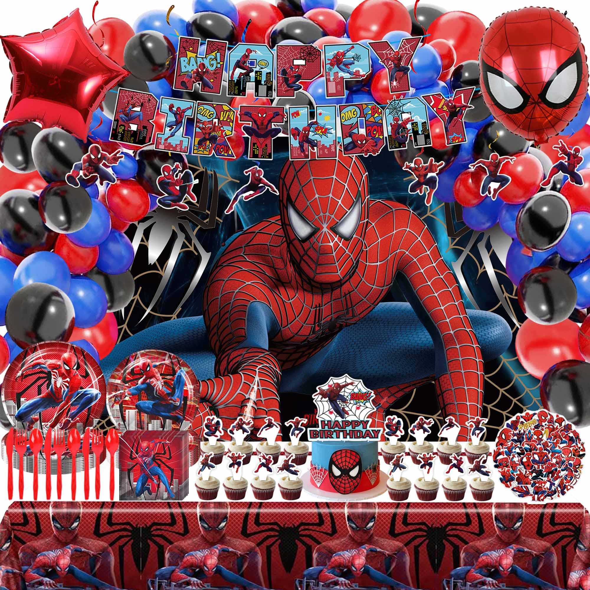 Spider Birthday Decorations, Spider Party Decorations, Spider Birthday Party Supplies, Include Spider Balloons Arch Garland, Plates, Backdrop, Stickers, Hero Banner, Hanging Swirl Decorations for Kids