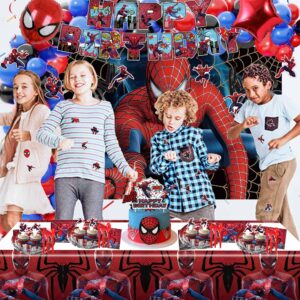 Spider Birthday Decorations, Spider Party Decorations, Spider Birthday Party Supplies, Include Spider Balloons Arch Garland, Plates, Backdrop, Stickers, Hero Banner, Hanging Swirl Decorations for Kids