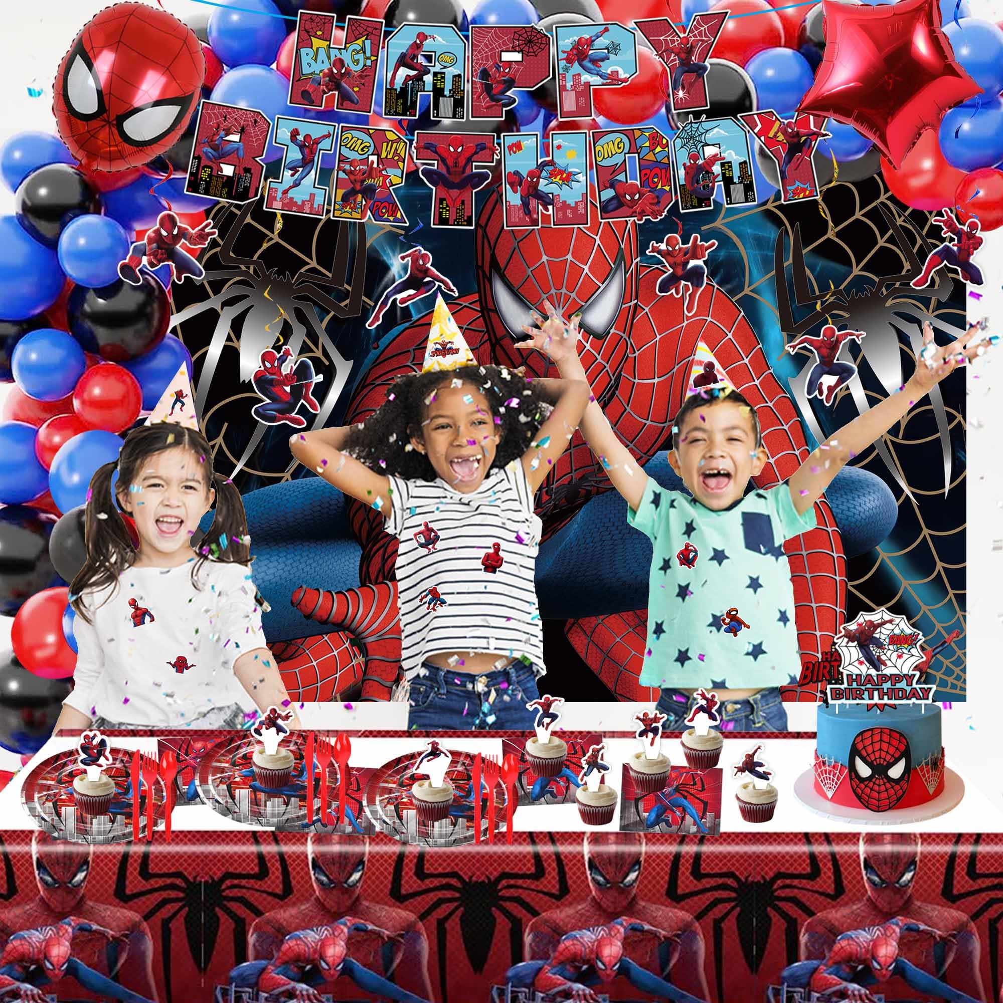 Spider Birthday Decorations, Spider Party Decorations, Spider Birthday Party Supplies, Include Spider Balloons Arch Garland, Plates, Backdrop, Stickers, Hero Banner, Hanging Swirl Decorations for Kids