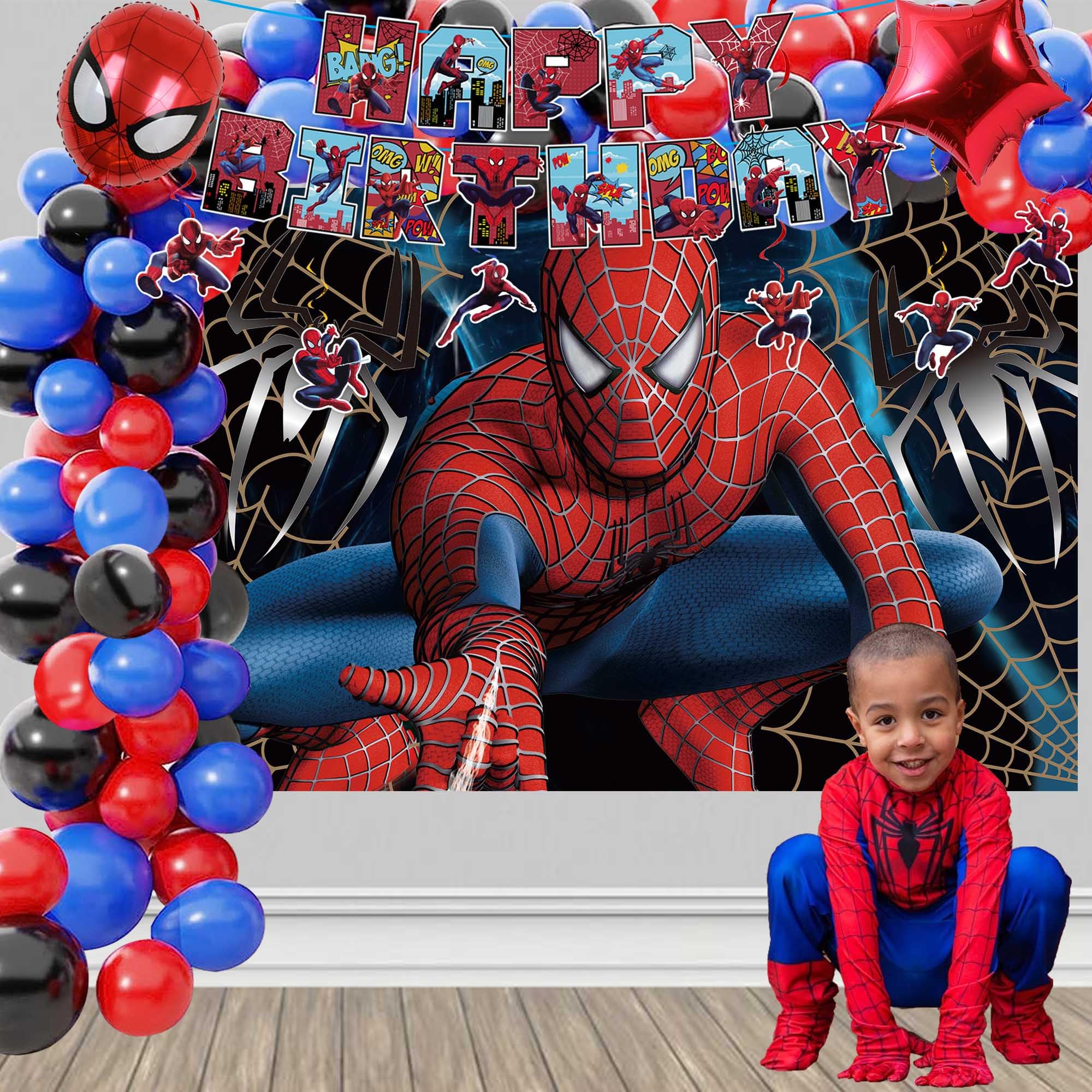 Spider Birthday Decorations, Spider Party Decorations, Spider Birthday Party Supplies, Include Spider Balloons Arch Garland, Plates, Backdrop, Stickers, Hero Banner, Hanging Swirl Decorations for Kids