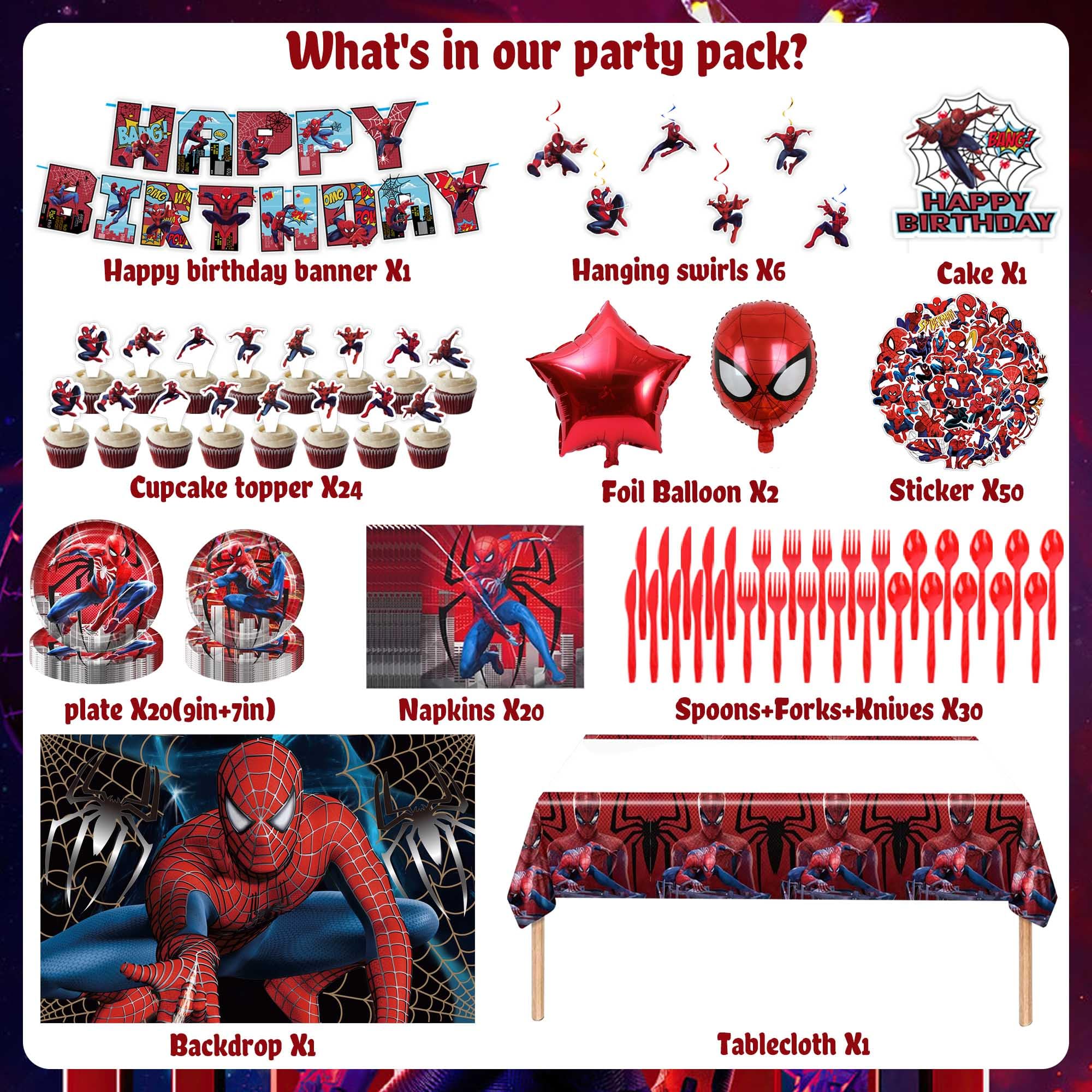 Spider Birthday Decorations, Spider Party Decorations, Spider Birthday Party Supplies, Include Spider Balloons Arch Garland, Plates, Backdrop, Stickers, Hero Banner, Hanging Swirl Decorations for Kids