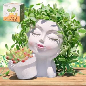 vomiceak face planter pots head, flower pots planters for indoor plants - double cute plant pots for succulent with drainage holes - ideal ideas (white lady)