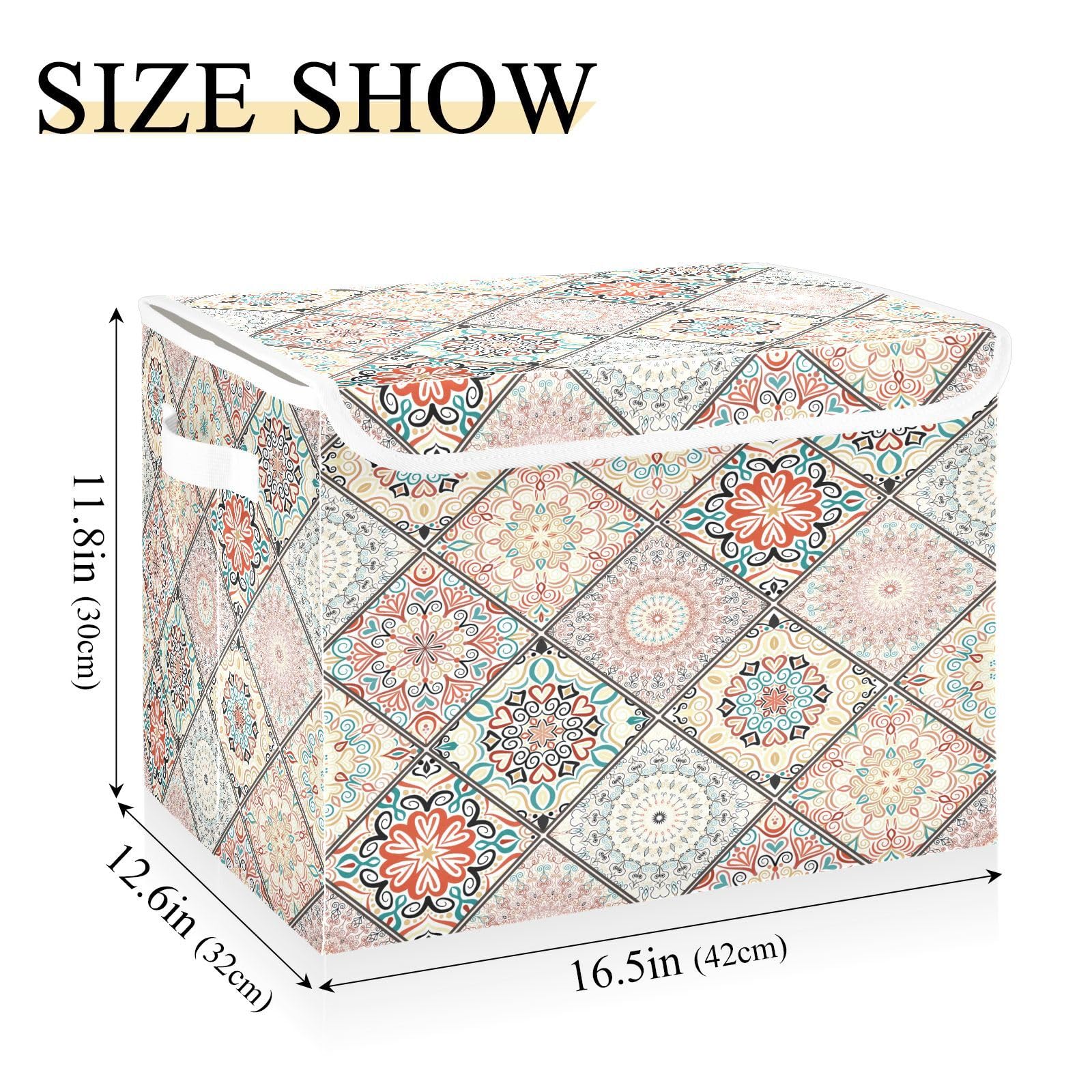 Ollabaky Mexican Mandala Boho Larger Collapsible Storage Bin Fabric Decorative Storage Box Cube Organizer Container Baskets with Lid Handles for Closet Organization, Shelves