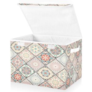 Ollabaky Mexican Mandala Boho Larger Collapsible Storage Bin Fabric Decorative Storage Box Cube Organizer Container Baskets with Lid Handles for Closet Organization, Shelves