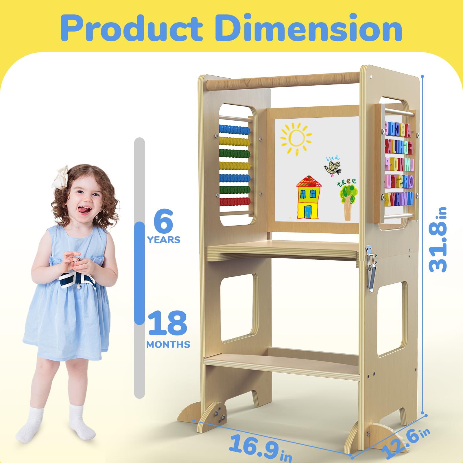 Toddler Kitchen Stool Helper, Toddler Tower, Foldable Weaning Table with Chalkboard and Plaything, Montessori Kids Foldable Step Stool and Kids Learning Standing Tower for Bathroom and Counter