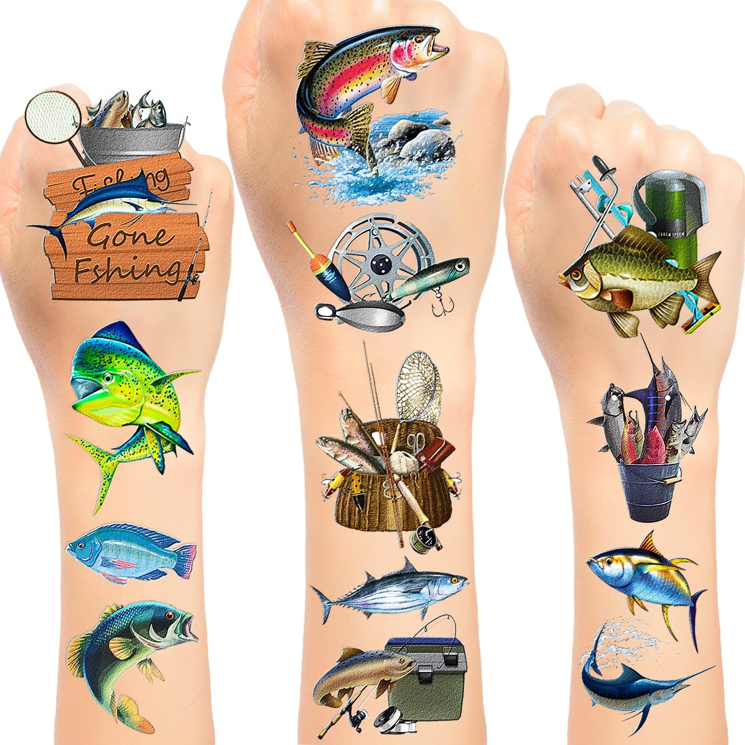 20 Sheets(120PCS) Gone Fishing Fish Temporary Tattoos Gone Fishing Party Favor for Birthday Party Supplies Fishing Party Decorations, Fathers Day, Retirement, Baby Shower for Kids Boys Adults