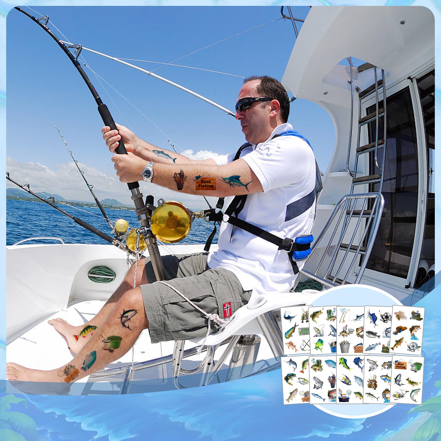20 Sheets(120PCS) Gone Fishing Fish Temporary Tattoos Gone Fishing Party Favor for Birthday Party Supplies Fishing Party Decorations, Fathers Day, Retirement, Baby Shower for Kids Boys Adults