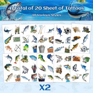 20 Sheets(120PCS) Gone Fishing Fish Temporary Tattoos Gone Fishing Party Favor for Birthday Party Supplies Fishing Party Decorations, Fathers Day, Retirement, Baby Shower for Kids Boys Adults